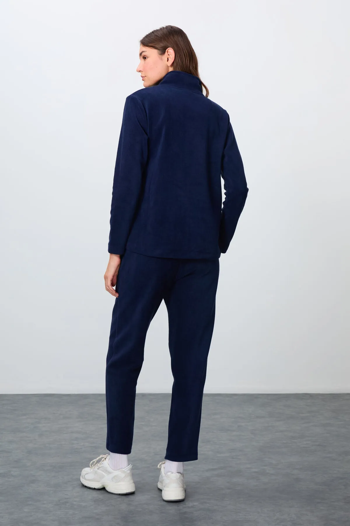 <tc>Ensemble de survêtement pour femme en polaire à col montant oversize avec broderie, à texture douce et épaisse - Bleu marine - 95339

</tc>