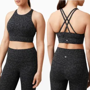 LULULEMON Energy Bra High Neck Long Line Formation Camo Deep Coal‎ Multi Size 8