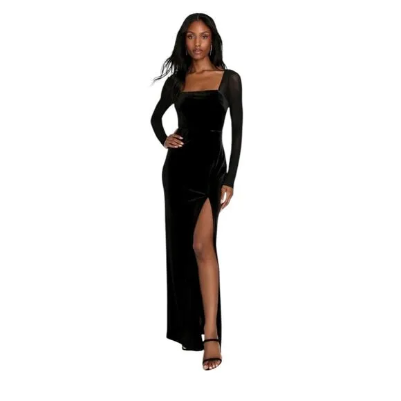 LULUS Certifiably Chic Black Velvet Mesh Long Sleeve Maxi Dress-Sz XL