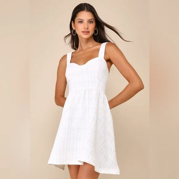 Lulus Charming Pose Ivory Tweed Sequin Mini Dress
