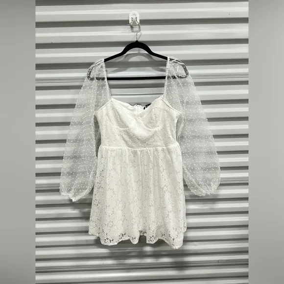 Lulus Cue the Charisma White Lace Balloon Sleeve Bustier Mini Dress