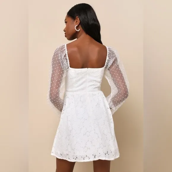 Lulus Cue the Charisma White Lace Balloon Sleeve Bustier Mini Dress