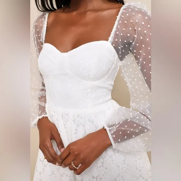 Lulus Cue the Charisma White Lace Balloon Sleeve Bustier Mini Dress