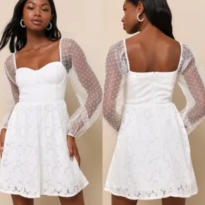 Lulus Cue the Charisma White Lace Balloon Sleeve Bustier Mini Dress