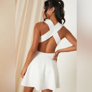 Lulus Going Steady Backless Skater Mini Dress XS White Fit &amp; Flare Bridal Party