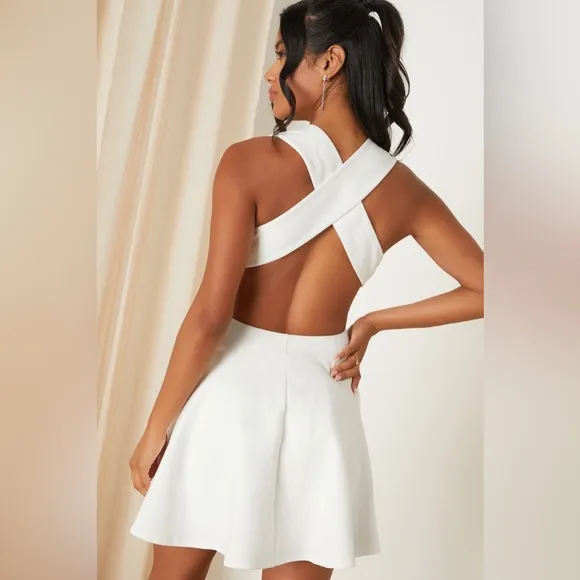 Lulus Going Steady Backless Skater Mini Dress XS White Fit &amp; Flare Bridal Party