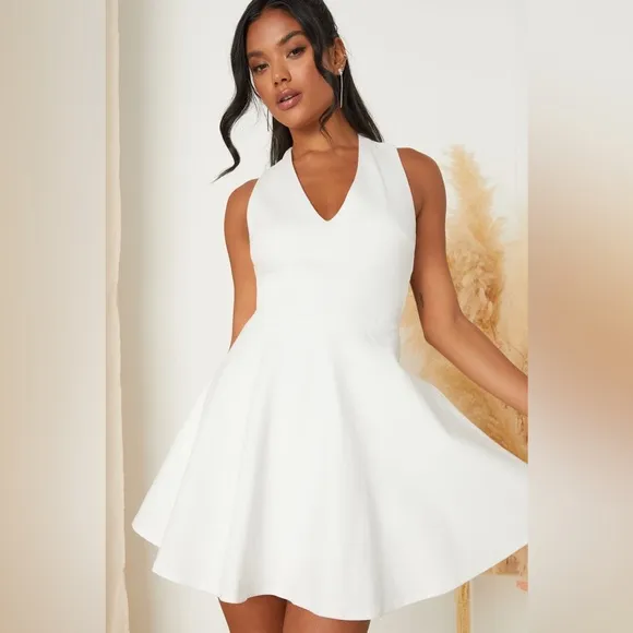 Lulus Going Steady Backless Skater Mini Dress XS White Fit &amp; Flare Bridal Party