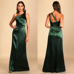 Lulus Satin One-Shoulder Maxi Dress w/Cutout Strap &amp; Mermaid Skirt Emerald Green