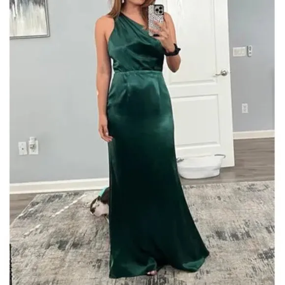 Lulus Satin One-Shoulder Maxi Dress w/Cutout Strap &amp; Mermaid Skirt Emerald Green