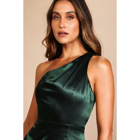 Lulus Satin One-Shoulder Maxi Dress w/Cutout Strap &amp; Mermaid Skirt Emerald Green