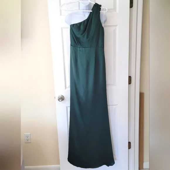 Lulus Satin One-Shoulder Maxi Dress w/Cutout Strap &amp; Mermaid Skirt Emerald Green