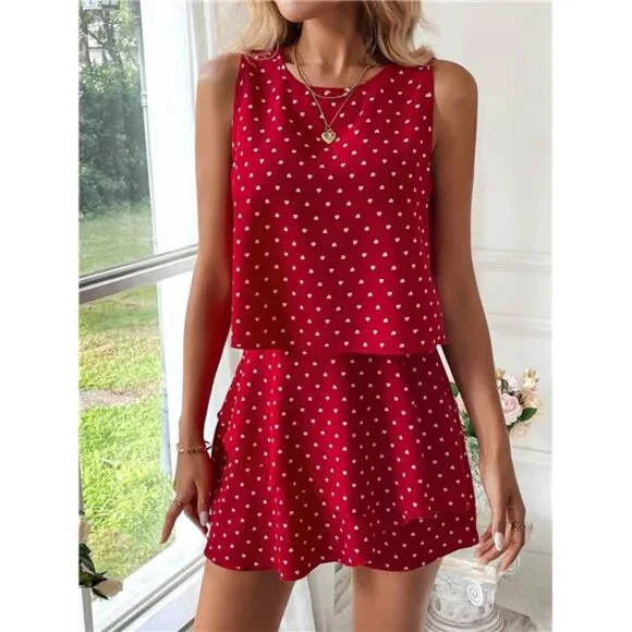 LUNE 2pcs Set Women's Red Heart Design Romantic Date Sleeveless Top And Shorts