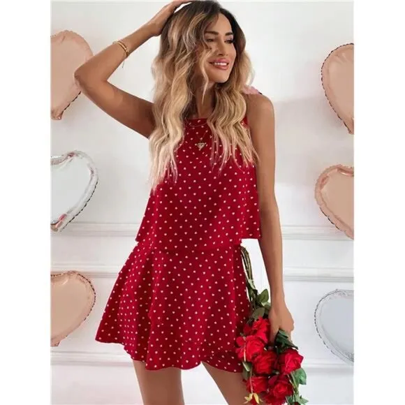 LUNE 2pcs Set Women's Red Heart Design Romantic Date Sleeveless Top And Shorts