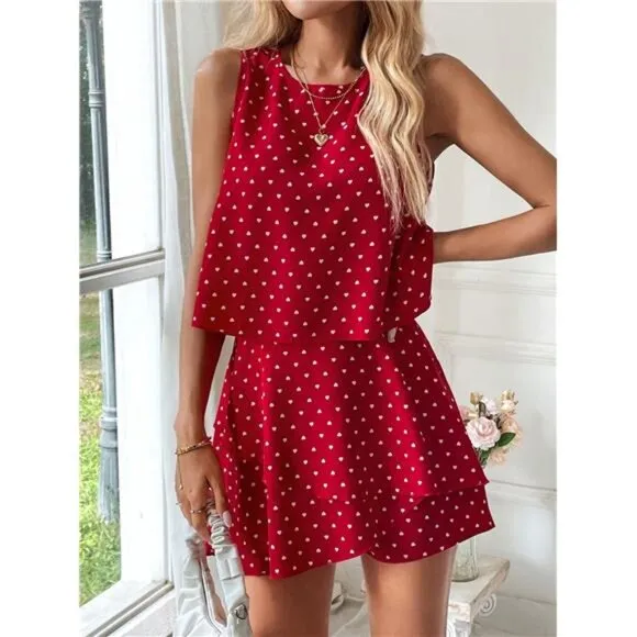 LUNE 2pcs Set Women's Red Heart Design Romantic Date Sleeveless Top And Shorts