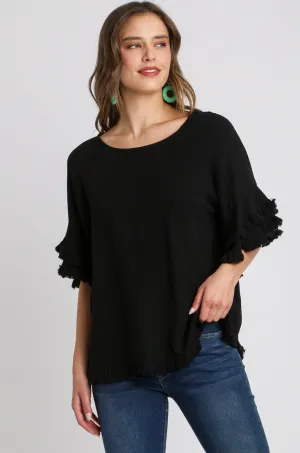 Lydia Linen Blend Layered Ruffle Short Sleeve Round Neck Top In Black