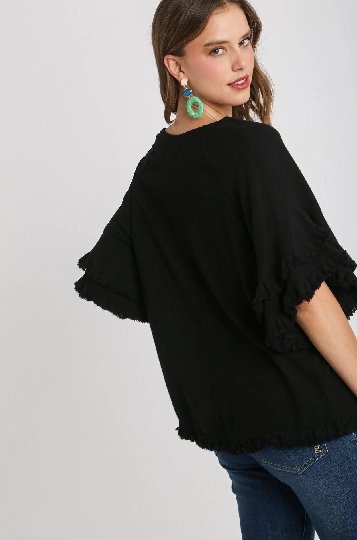Lydia Linen Blend Layered Ruffle Short Sleeve Round Neck Top In Black