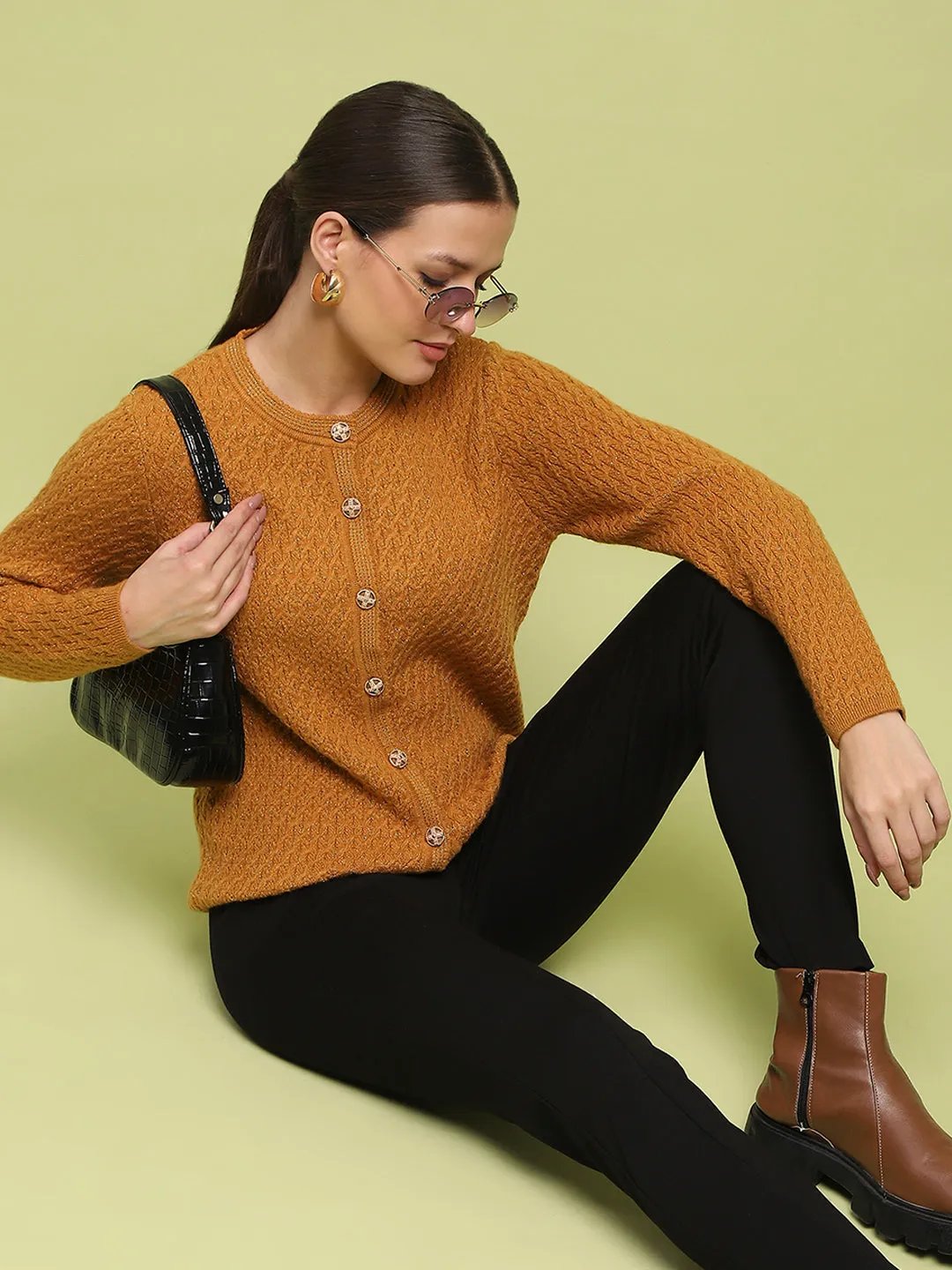 Madame Glossy Buttoned Cable Knit Mustard Yellow Cardigan