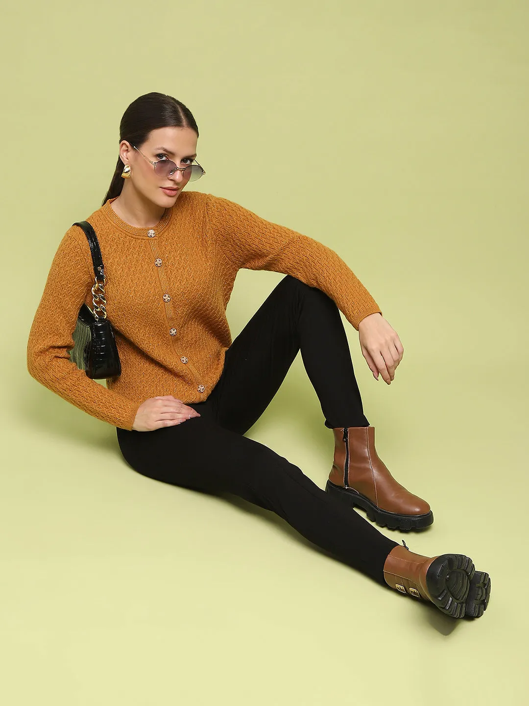 Madame Glossy Buttoned Cable Knit Mustard Yellow Cardigan