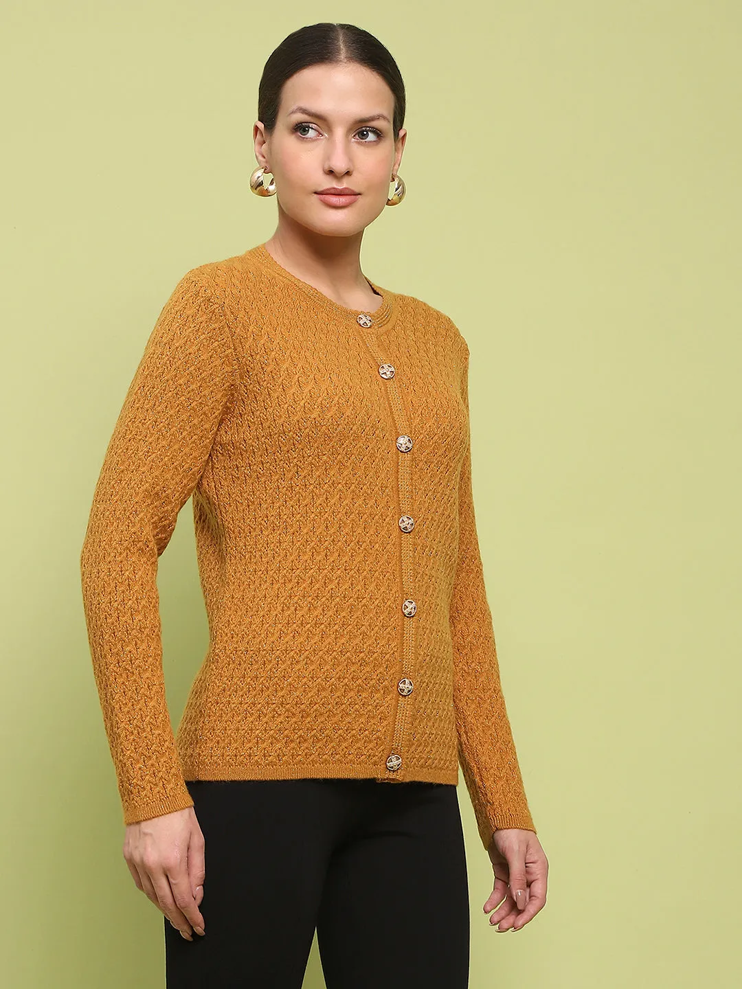 Madame Glossy Buttoned Cable Knit Mustard Yellow Cardigan