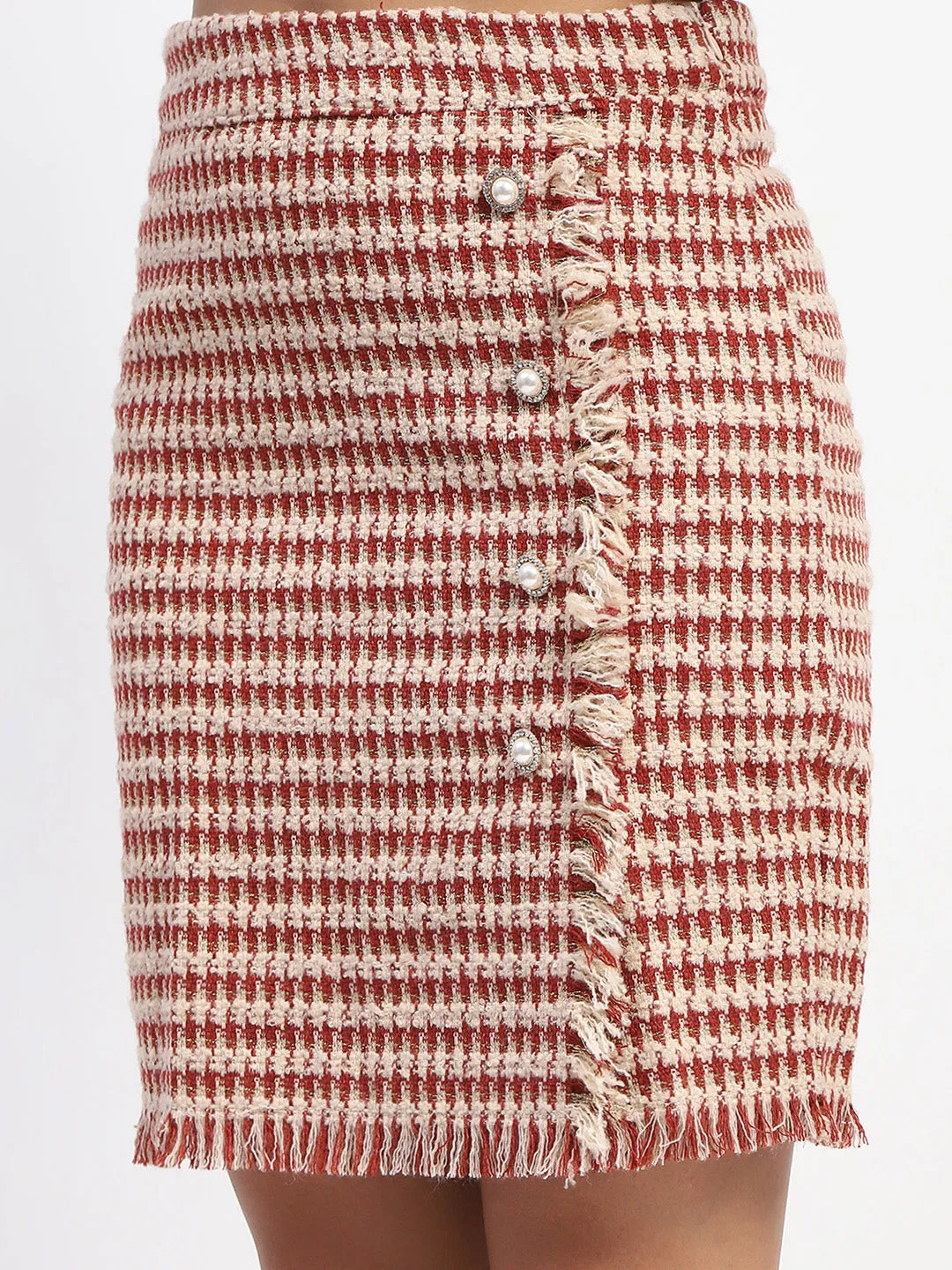 Madame Tweed Style Frayed Hem Beige Mini Skirt