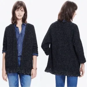 Madewell Memento Marled Fringe Open Front Knit Cardigan Sweater Black Size XS