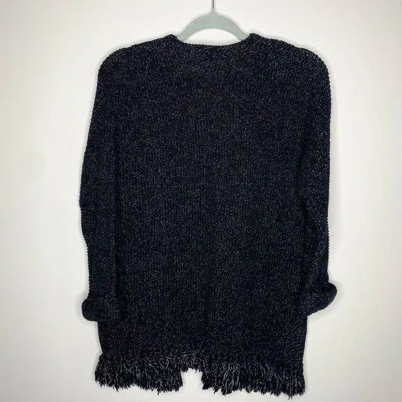 Madewell Memento Marled Fringe Open Front Knit Cardigan Sweater Black Size XS