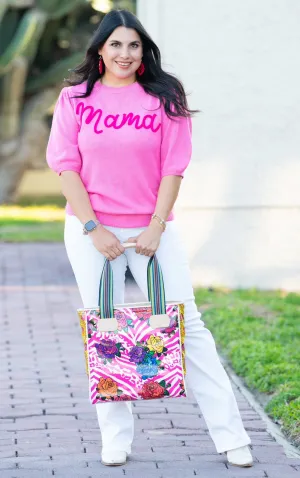 Mama Pink Embroidery Puff Sleeve Top