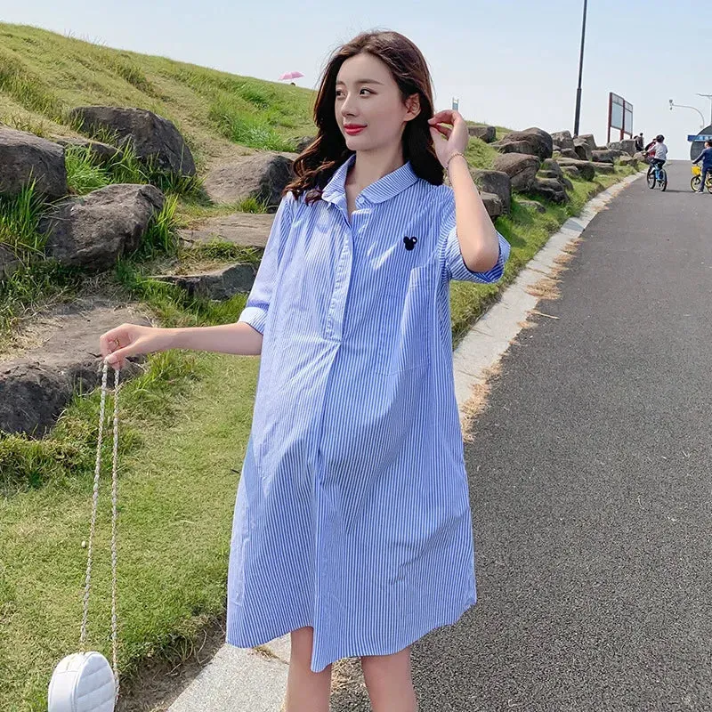 Maternity Dresses Cotton Summer Clothes for Pregnant Women Fashion Oversized Mid Length Shirt Skirt Casual Pregnancy Vestidos