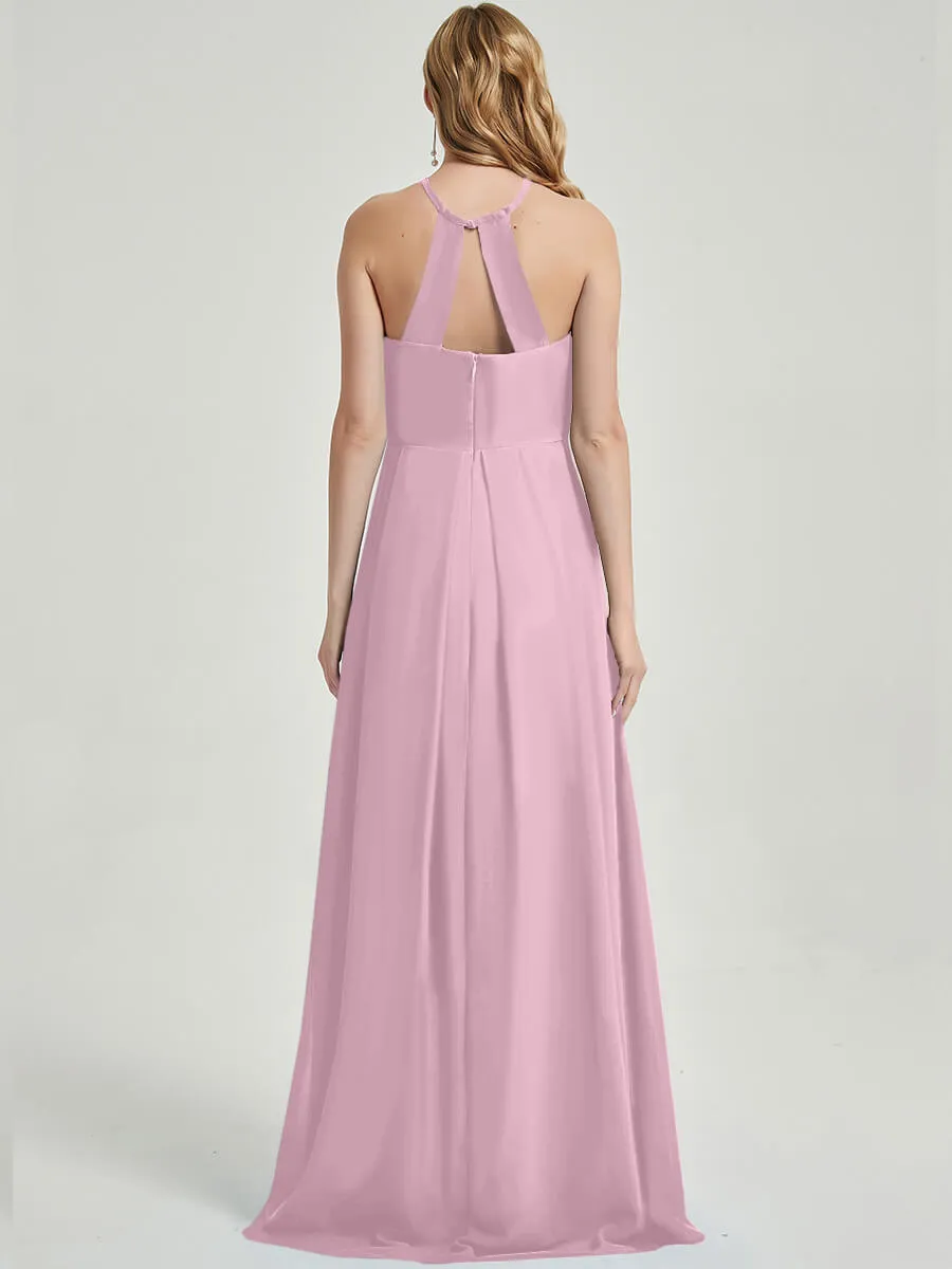 Mauve Halter Sleeveless Empire Pleated Backless Chiffon Bridesmaid Dress