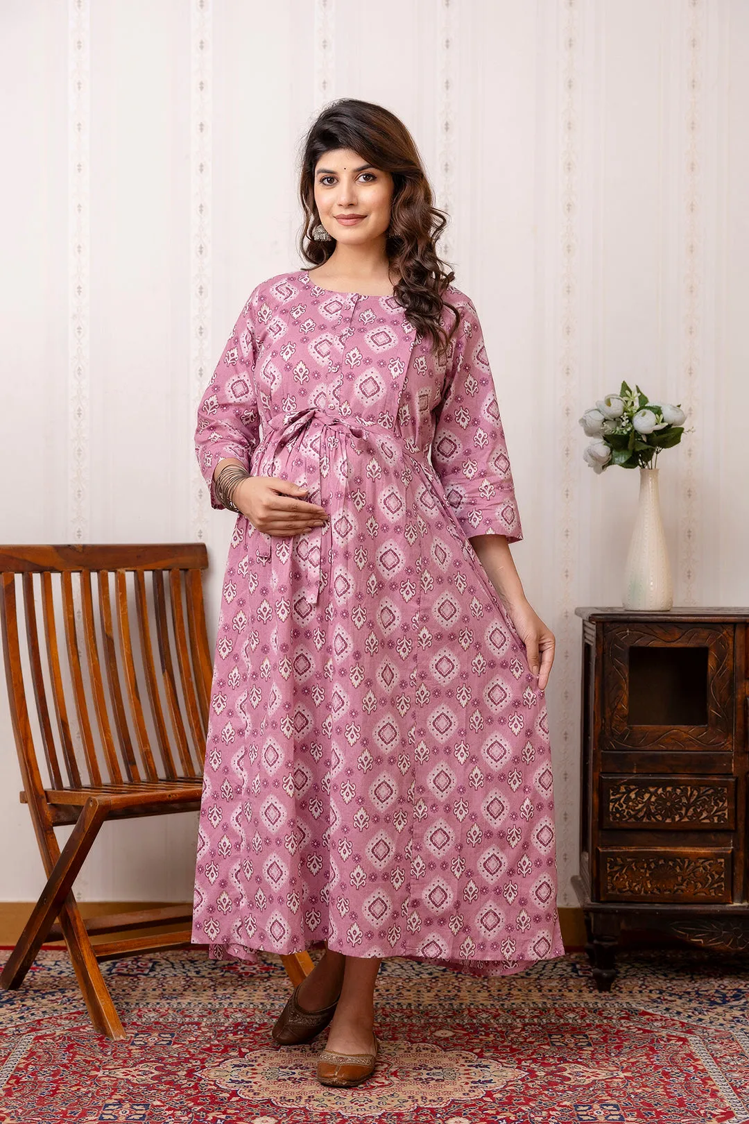 Mauve Printed Maternity Dress For Women