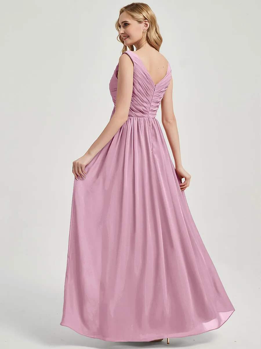 Mauve V-Neck Empire Sleeveless Pleated Chiffon Maxi Bridesmaid Dress