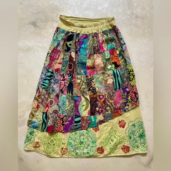 Maxi Boho Hand-Embellished Patchwork Skirt | Vintage-Inspired Bohemian Small