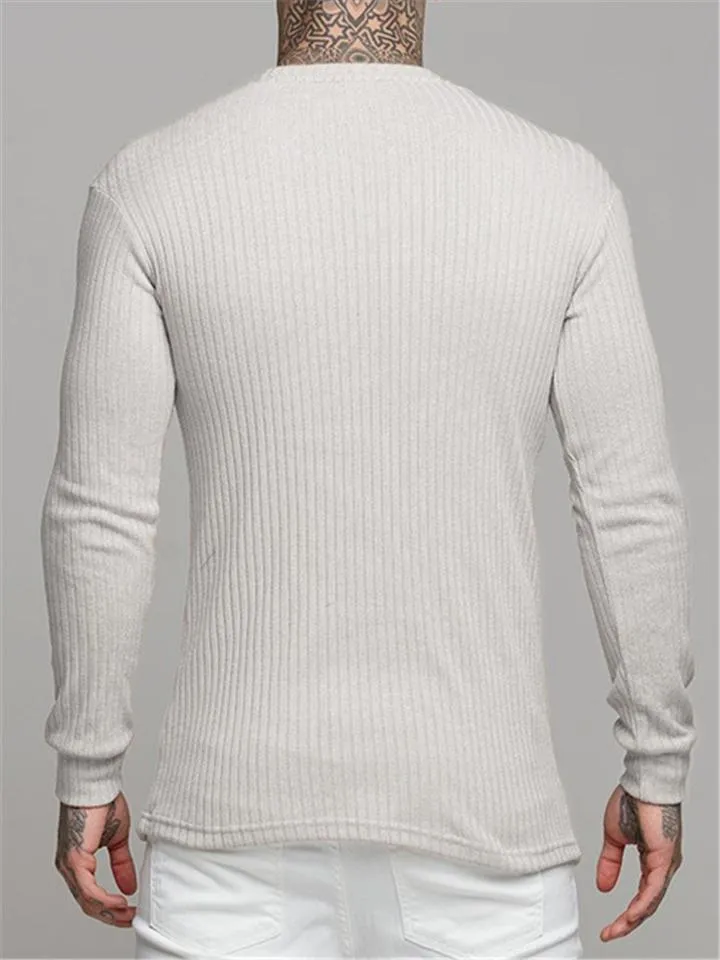 Mens Casual Long Sleeve Round Collar Knitting T-shirt