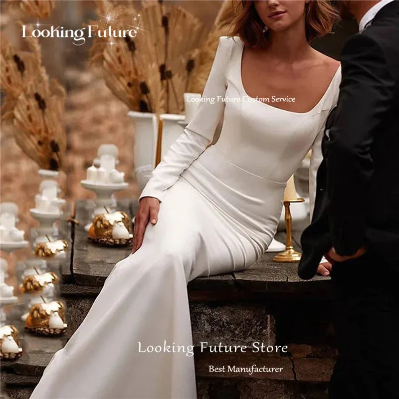 Mermaid White Wedding Dress Satin Backless With Zipper Pleat Long Sleeve