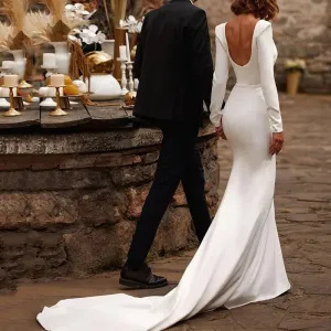 Mermaid White Wedding Dress Satin Backless With Zipper Pleat Long Sleeve