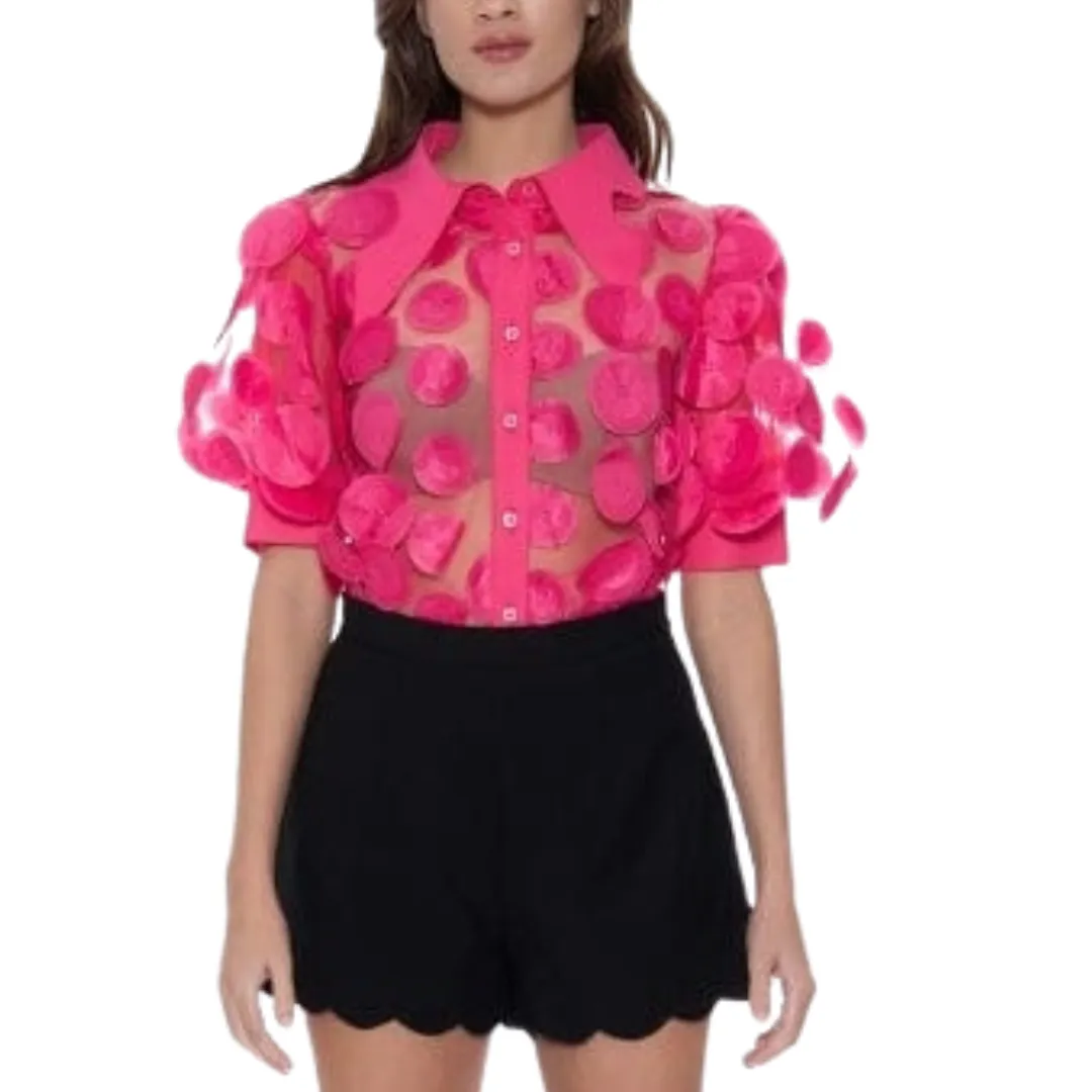 Mesh Splicing Round Polka Dots Button-Down Top - F
