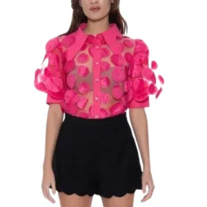 Mesh Splicing Round Polka Dots Button-Down Top - F