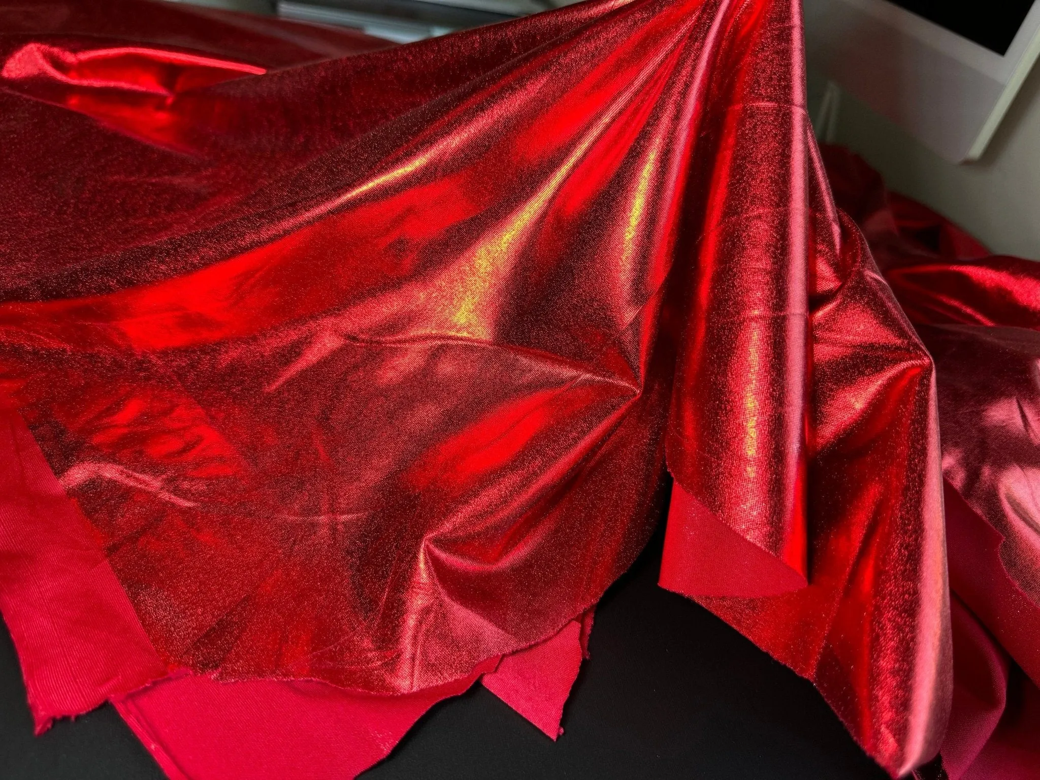 Metallic Stretch Red Lame Foil Spandex Fabric by Yard Shiny Red Foil on Stretch Knit, Perfect for Dance Wear, Decor, Red Dresses, Leggings
