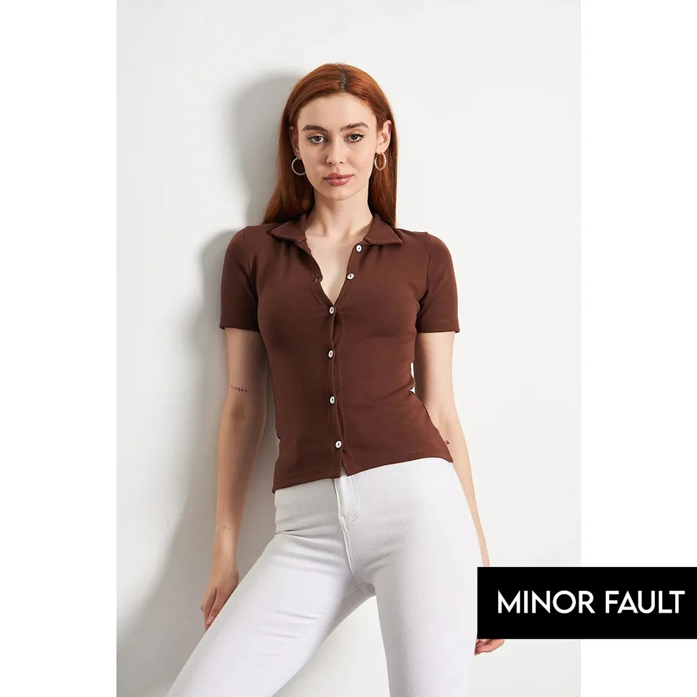 (Minor Fault) Brown Button Down Collar Top