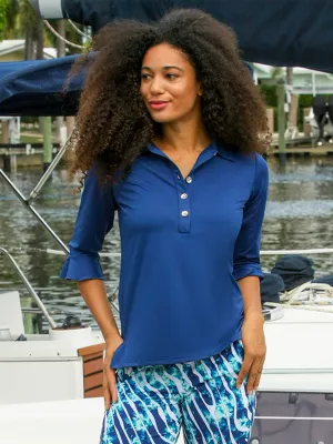 Mira Flounce Sleeve Polo Top Navy