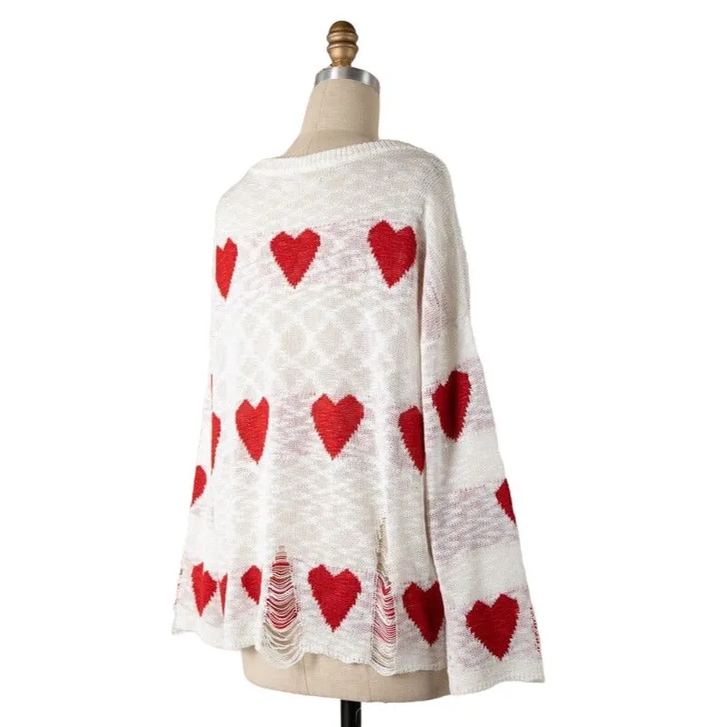 Miracle Red Long Sleeve Distressed Heart Sweater W1204-RED