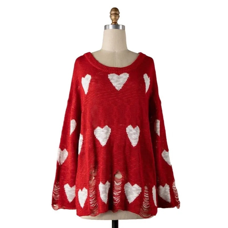 Miracle Red Long Sleeve Distressed Heart Sweater W1204-RED