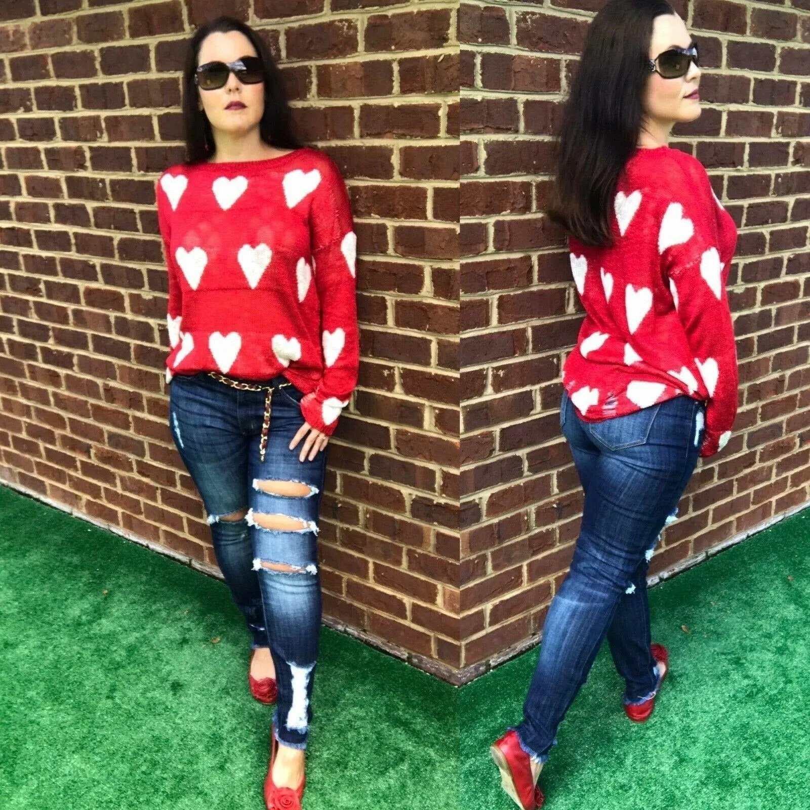 Miracle Red Long Sleeve Distressed Heart Sweater W1204-RED