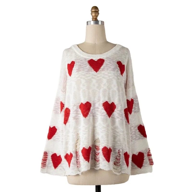 Miracle Red Long Sleeve Distressed Heart Sweater W1204-RED