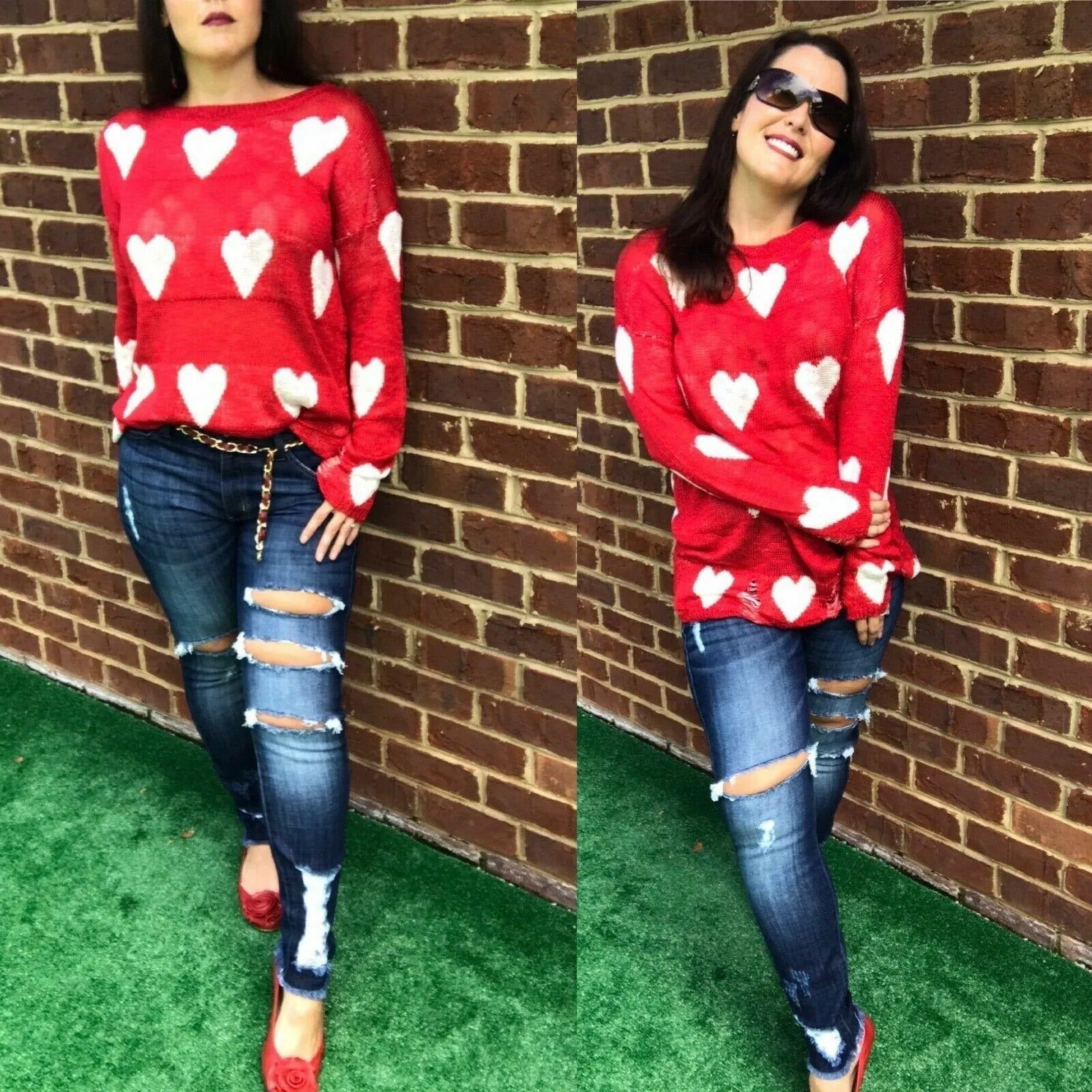 Miracle Red Long Sleeve Distressed Heart Sweater W1204-RED