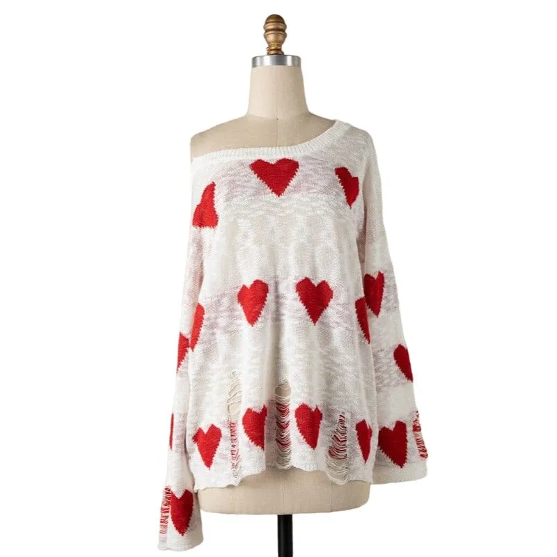 Miracle Red Long Sleeve Distressed Heart Sweater W1204-RED