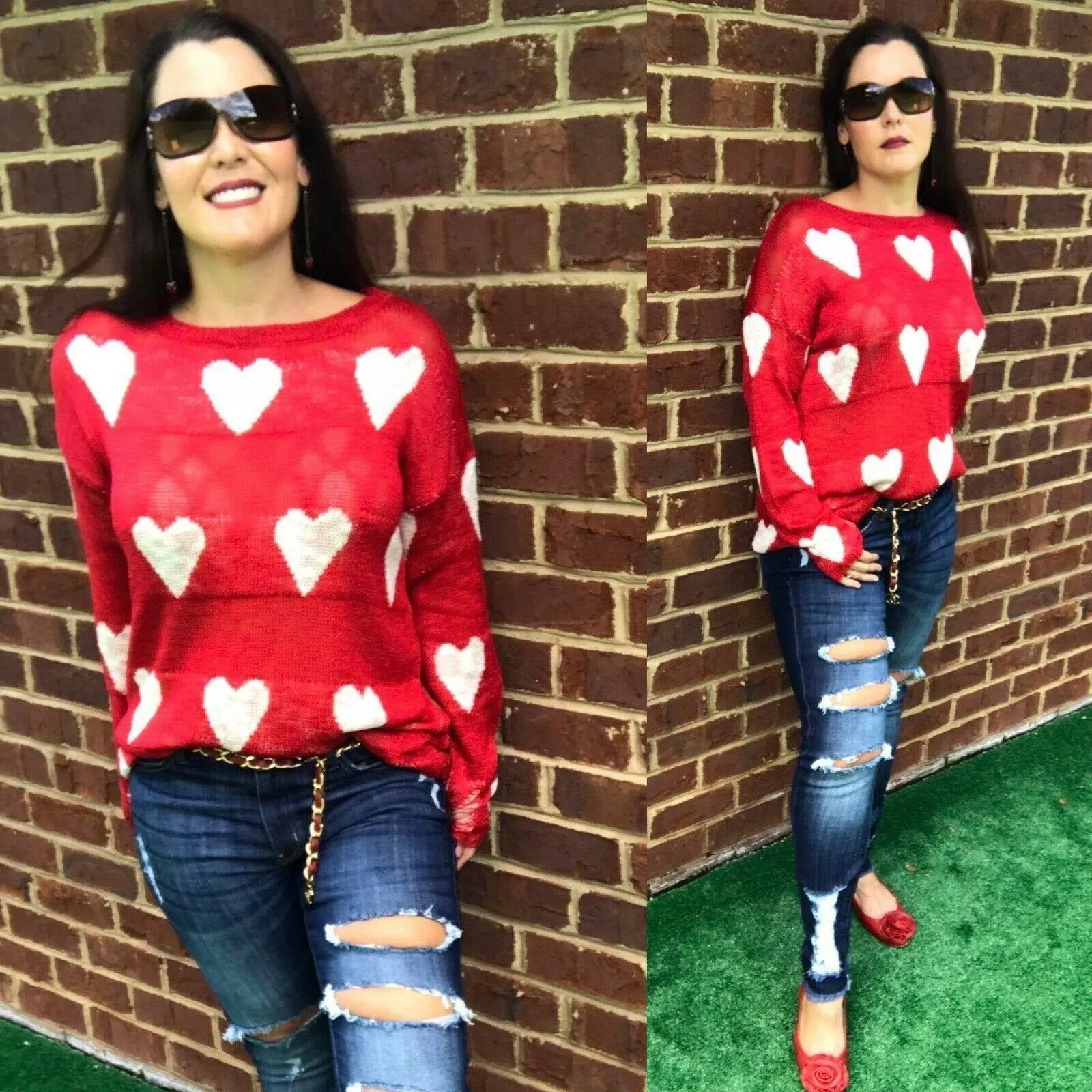 Miracle Red Long Sleeve Distressed Heart Sweater W1204-RED