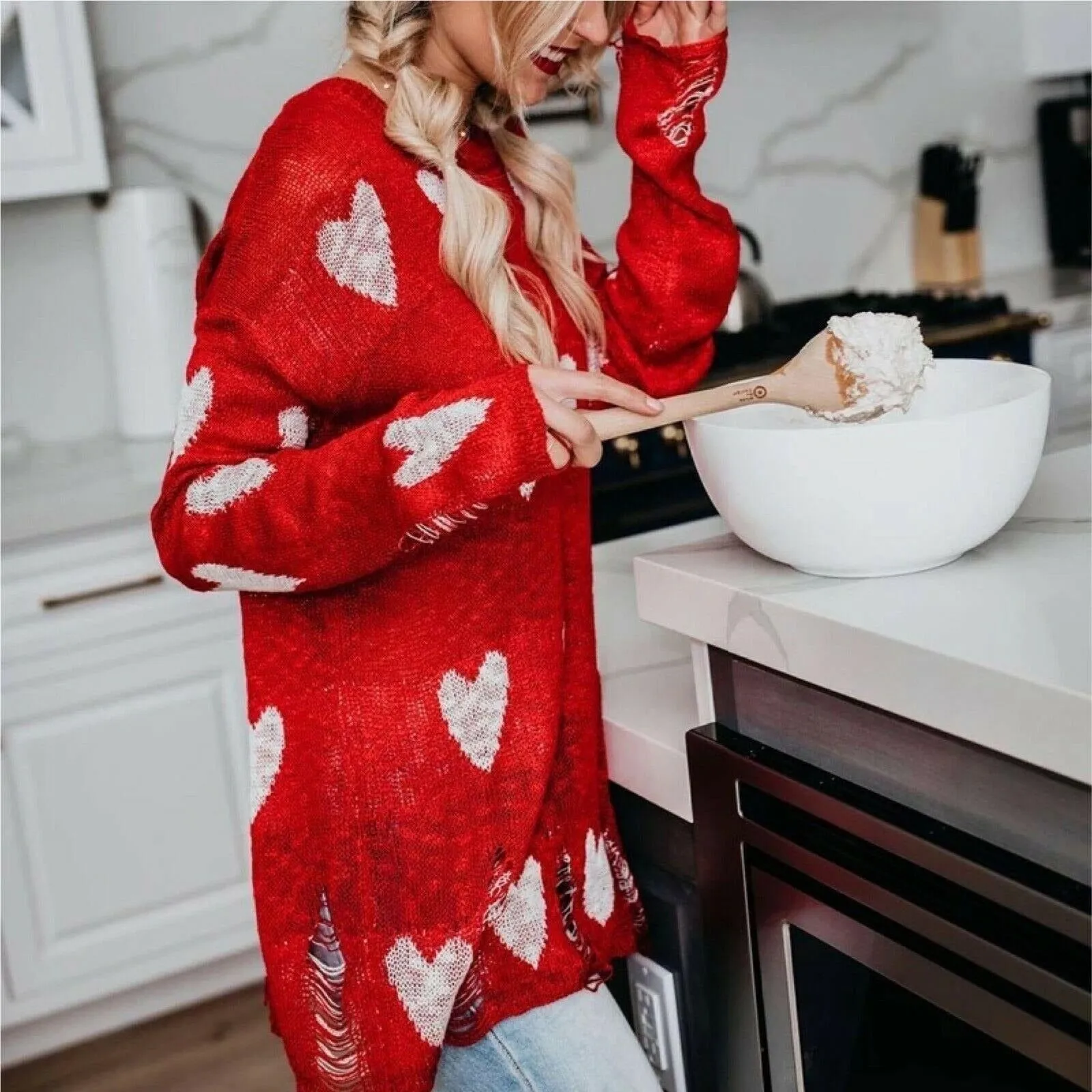 Miracle Red Long Sleeve Distressed Heart Sweater W1204-RED