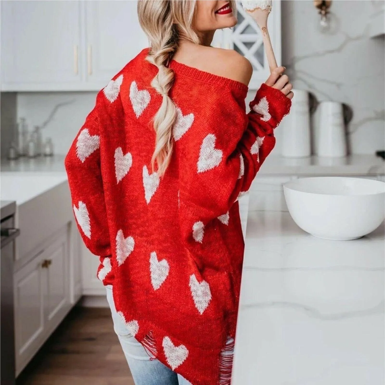 Miracle Red Long Sleeve Distressed Heart Sweater W1204-RED
