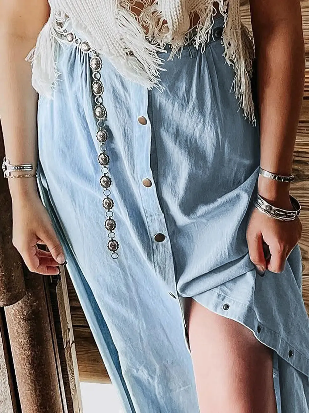Mist Blue Fully Buttoned Long Denim Skirt